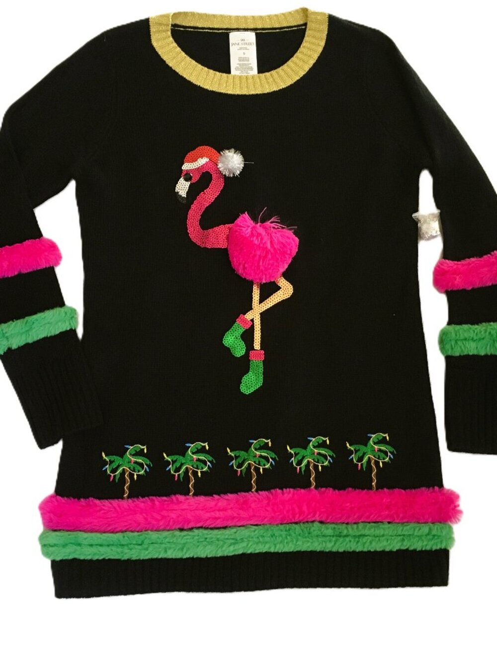 99 Jane Street Flamingo Sweater Palm Trees Christmas Lights Sequins Womens S